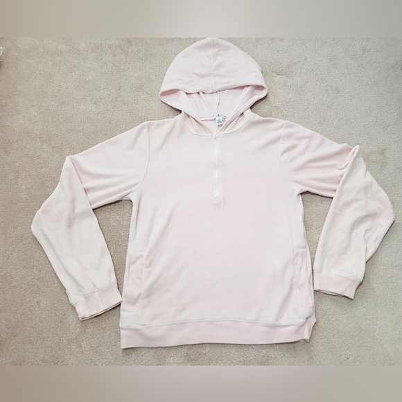 TOMMY HILFIGER Pink Velour Pullover 1/4 Zip Hoodie Sweatshirt Womens Large - Picture 5 of 9